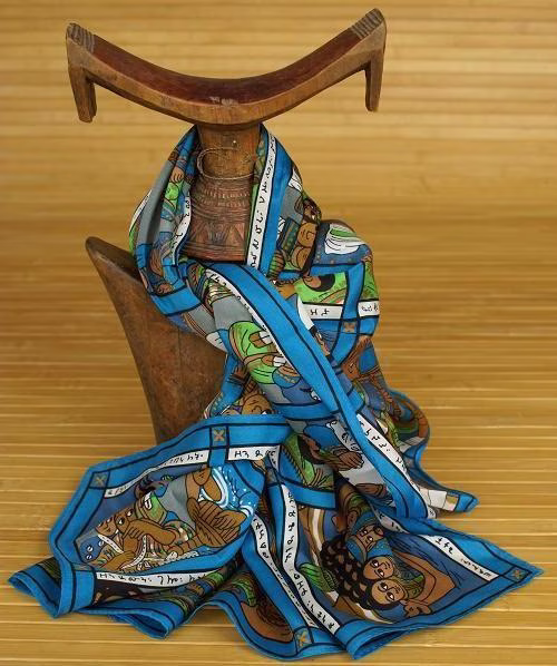 Carré éthiopien turquoise en pure soie avec dessins religieux traditionnels