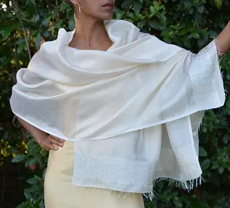 Echarpe artisanale Addis Abeba Ecru doré en coton éthiopien et rayonne